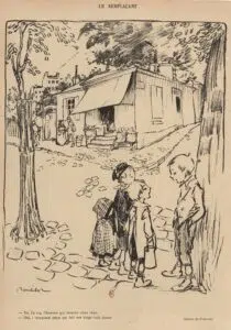 Druck aus dem Ersten Weltkrieg. Ein Kind nimmt symbolisch den Platz seines Vaters, eines Soldaten, ein.