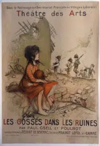 Plakat für ein Theaterstück. Kinder spielen in Nachkriegsruinen. 1920