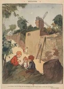 Satirischer Zeitungsausschnitt von 1910. Humorvolle Illustration von Poulbot.