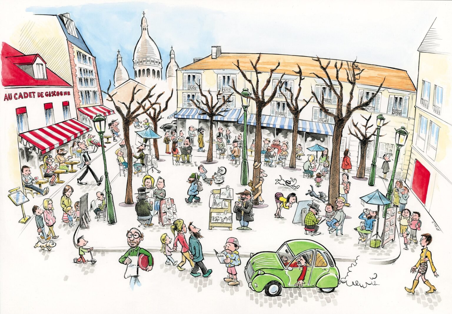 Place du Tertre in Montmartre, Zeichnung von Sébastien Rieu