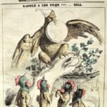 Der Adler und die Hähne (L'Aigle et les Coqs). Karikatur, die eine politische und soziale Situation mithilfe von Tierfiguren kommentiert.