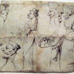 Karikatur von Geistlichen und Priestern. Federzeichnung, in der Mola sich damit amüsiert, die Gesichter von Geistlichen zu verzerren.