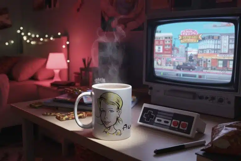 Karikaturtasse in einem Jugendzimmer