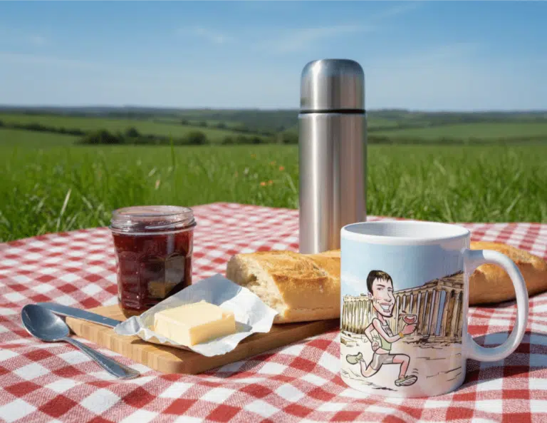 Karikaturtasse auf einer Picknickdecke
