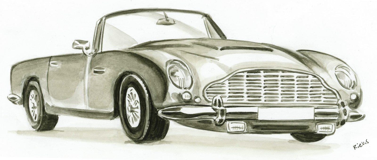 Aquarell-Porträt eines Aston Martin DB5, Originalzeichnung von Sébastien Rieu