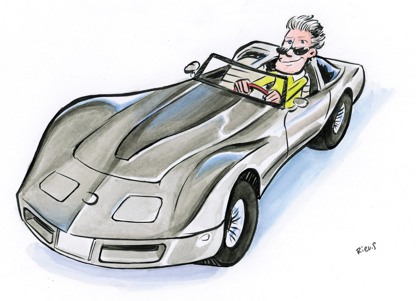 Aquarell-Karikatur einer Chevrolet Corvette von 1982, Originalillustration