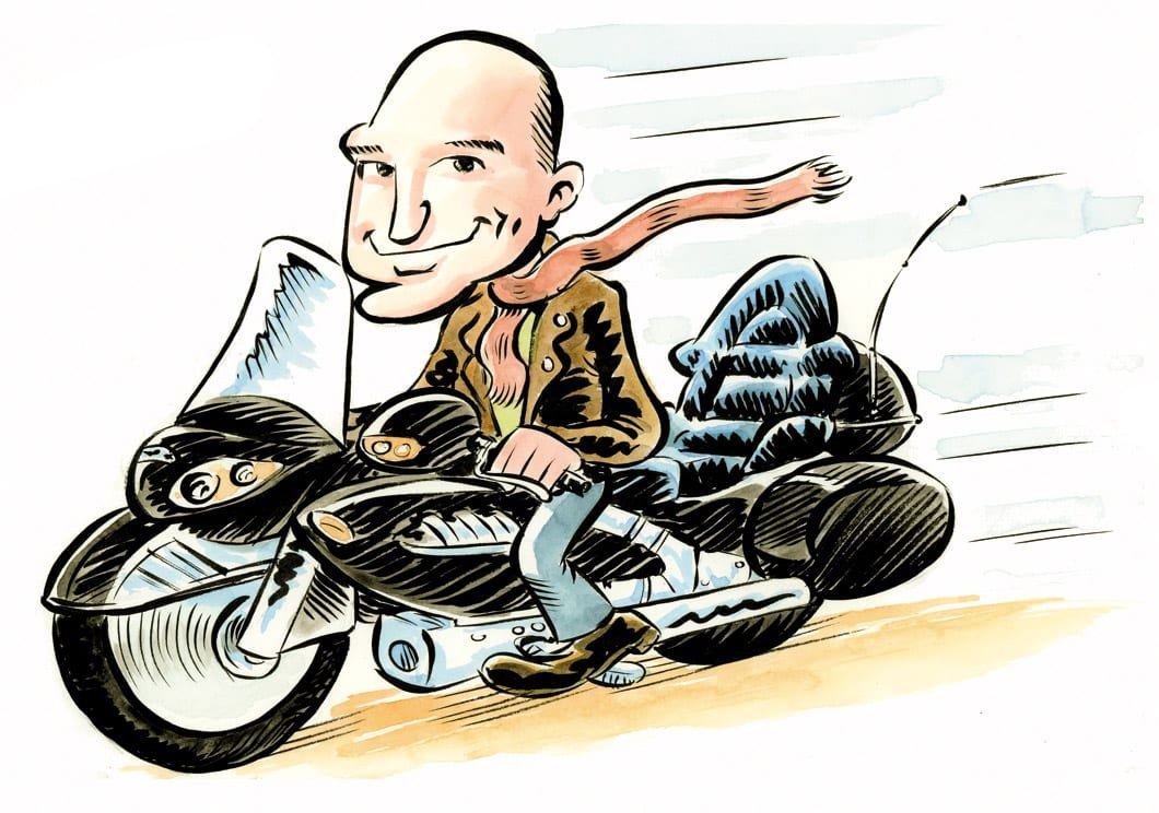 Karikatur eines Bikers auf seinem Custom-Bike