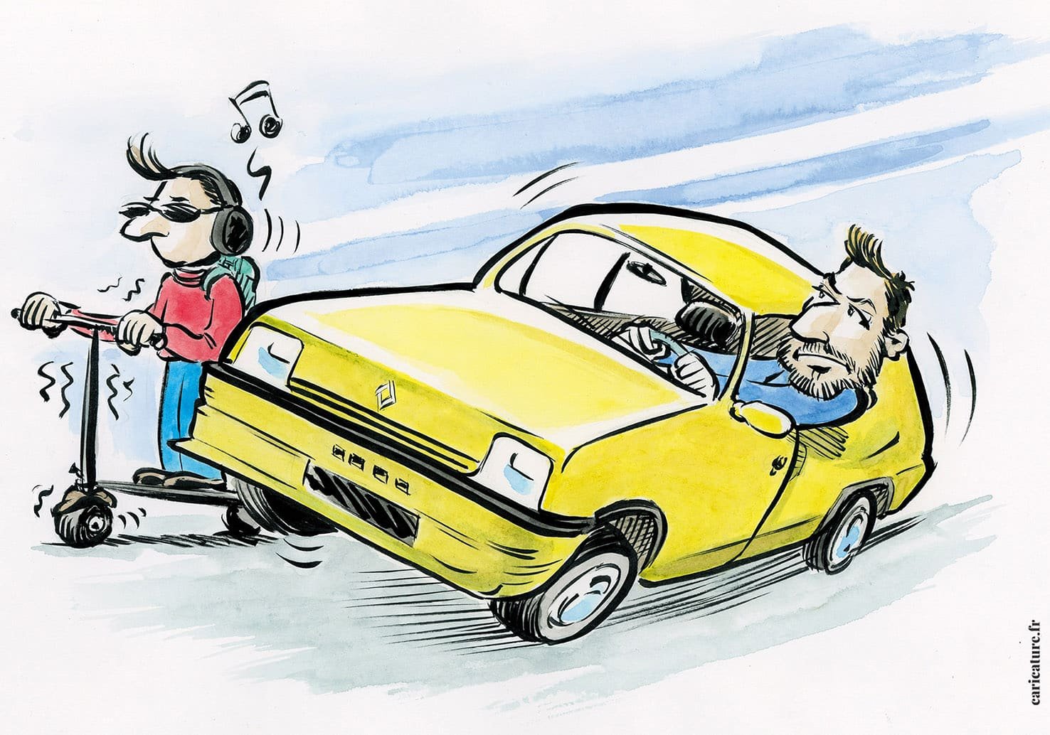 Aquarell-Karikatur eines Renault 5