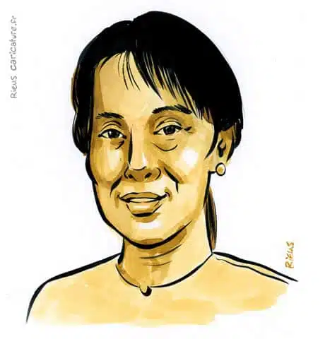 Sepia Aquarell Porträt von Aung San Suu Kyi — Chef de l'opposition — 1945– · Sébastien Rieu