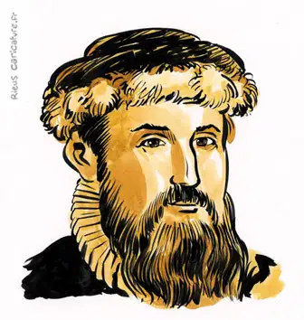 Sepia-Aquarellporträt von Gutenberg — Erfinder des Buchdrucks — ~1400–1468 · Sébastien Rieu