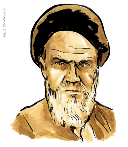 Sepia Aquarell Porträt von Khomeini — Guide suprême — 1902–1989 · Sébastien Rieu