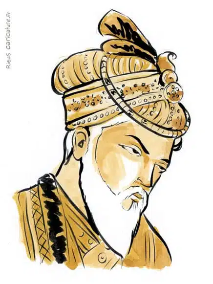 Sepia Aquarell Porträt von Aurangzeb — Empereur moghol — 1618–1707 · Sébastien Rieu