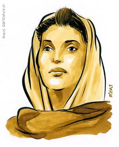 Sepia Aquarell Porträt von Benazir Bhutto — Première ministre — 1953–2007 · Sébastien Rieu
