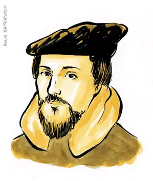 Sepia-Aquarellporträt von Johannes Calvin — Reformator — 1509–1564 · Sébastien Rieu