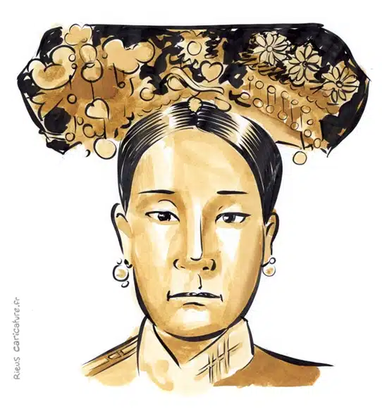 Sepia Aquarell Porträt von Impératrice Cixi — Régente — 1835–1908 · Sébastien Rieu