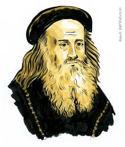 Sepia Aquarell Porträt von Léonard de Vinci — Génie universel — 1452–1519 · Sébastien Rieu
