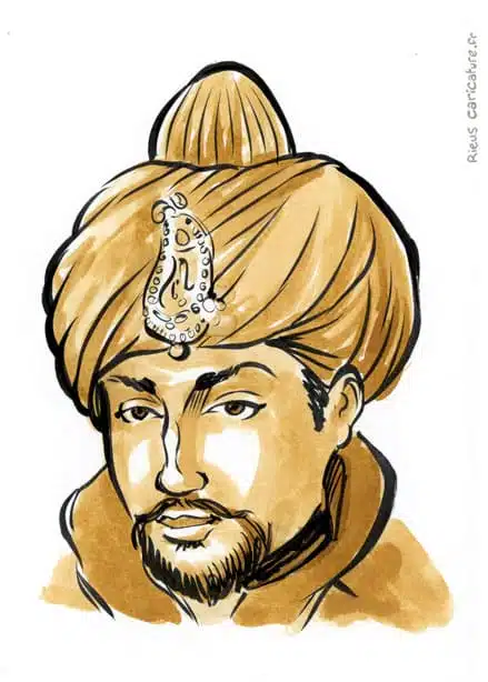 Sepia Aquarell Porträt von Ibrahim Lodi — Sultan de Delhi — ~1480–1526 · Sébastien Rieu