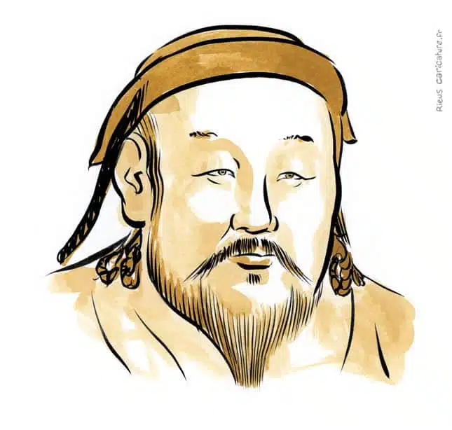 Sepia Aquarell Porträt von Kubilai Khan — Fondateur dyn. Yuan — 1215–1294 · Sébastien Rieu