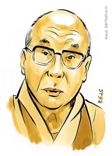 Sepia Aquarell Porträt von Dalaï Lama — Chef spirituel — 1935– · Sébastien Rieu