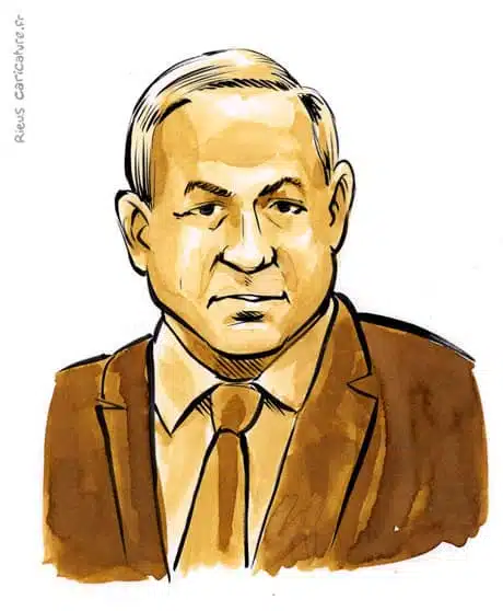 Sepia Aquarell Porträt von Benjamin Netanyahou — Premier ministre — 1949– · Sébastien Rieu